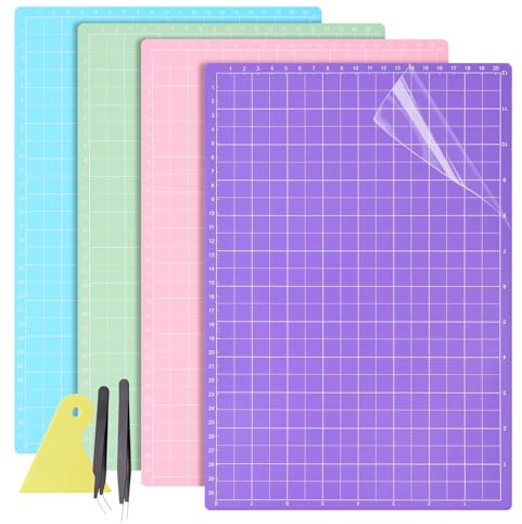 Omsscun 4Pcs Cutting Mat for Cricut Maker, 22 * 32cm Craft Mat, Light/Standard/Strong/Fabric Grip, Self Healing Cutting Mat with Scraper, Sticky Mat Adhesive for Cricut, Quilting, Sewing