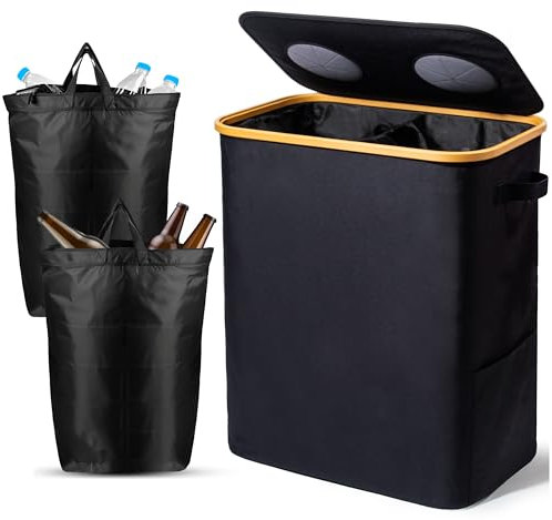 SYLANDO 140L Pfandflaschen Sammelbehälter mit Deckel & XXL Tragetaschen, Flaschensammler für Leergut & Altglas, 2 Fächer Organizer mit Lochdesign, Recycling Behälter für Küche & Abstellraum, Schwarz