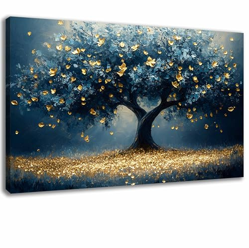 Wandbild Abstrakte kunst, Leinwandbild Bilder für Wohnzimmer kunst Türkis Gold - Blütenbaum fertig zum aufhängen