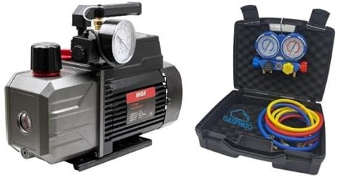 GASFRIGO® - Pompa vuoto bistadio 85 lt/min per condizionatore Olio incluso + kit gruppo manometrico R410 R32 ecc.