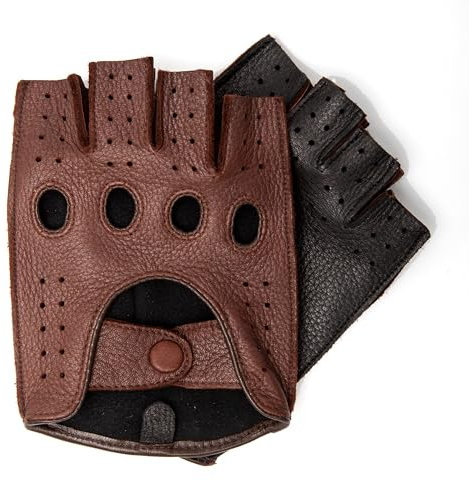 Hand Gewand by Weikert Hirschleder Herren Auto-Handschuhe, handgenäht, fingerlose Autofahrerhandschuhe, ungefüttert, zweifarbig, halbfinger, Lederhandschuhe, Motorrad