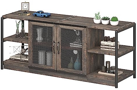 Mueble de TV de 160 cm con compartimentos y 2 puertas de malla, mueble de TV de madera de estilo rústico, mesa de TV de dos niveles, adecuada para sala de estar, dormitorio, color roble antiguo oscuro