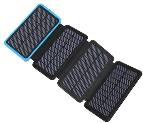 Solar Ladegerät Power Bank 27000mAh - BRENCIL Solar Powerbank 3A Schnelles Aufladen 3 Ausgängen mit 4 Faltbaren Solar-Panels Tragbares Ladegerät für Handys, Tablets (Himmelblau)