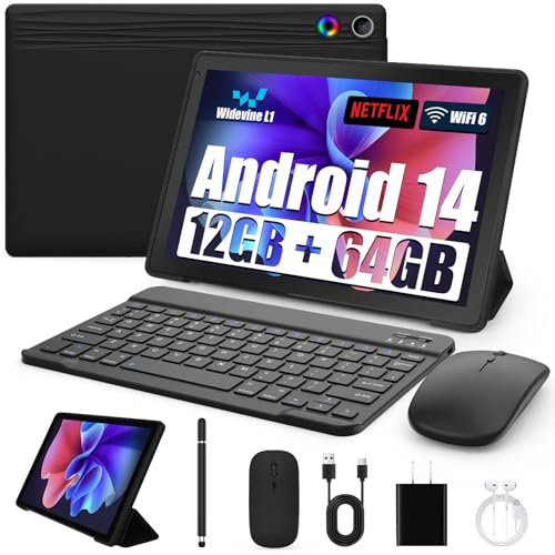 ryesug Tablet 10.1 Inch Android 14 Tablet with Octa-Core Processor, 12GB+64GB 1TB Expand, 8 in 1 Tablets Kit with Keyboard, Protective Case, Mouse, Stylus, BT 5.0, WiFi 6, Dual Camera, Black