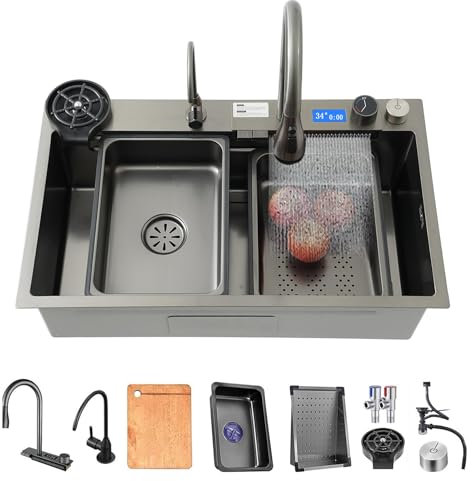 LVRUIEDS Fregadero De Cocina Nano con Cascada, Conjunto De Fregadero Y Grifo De Acero Inoxidable De Una Cubeta para Estación De Trabajo, De Encimera/Empotrado/bajo Encimera(Negro,85x45x22CM)