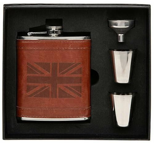 8oz Hip Flask Gift Set – Union Jack Stainless Steel Flask with Brown Leather Wrap – Britannia Design with Funnel & 2 Cups – Classic British Drinkware for Men