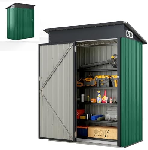 HOMASIS Capanno da Giardino in Metallo con Tetto a Falda e 2 Finestre, Casetta da Esterno con 2 Paia di Guanti, Ripostiglio da Giardino Resistente alle Intemperie, 150 x 90,5 x 185 cm (Verde)