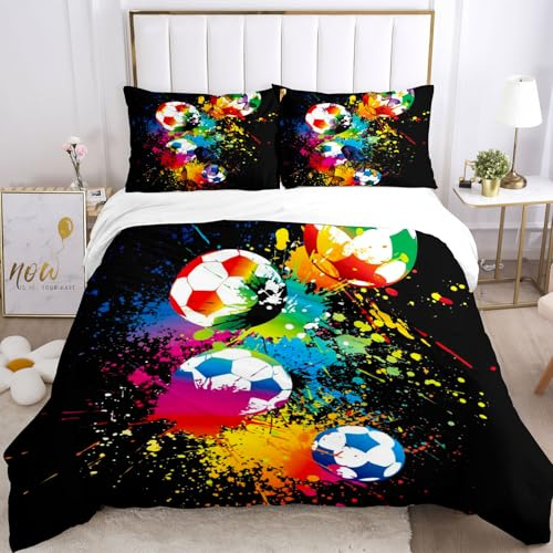 TSOPEFI Juego de ropa de cama para niños con diseño de fútbol 135x200, juego de funda nórdica y funda de almohada 3D con motivo de fútbol para niños adolescentes, azul, verde, funda de edredón suave y