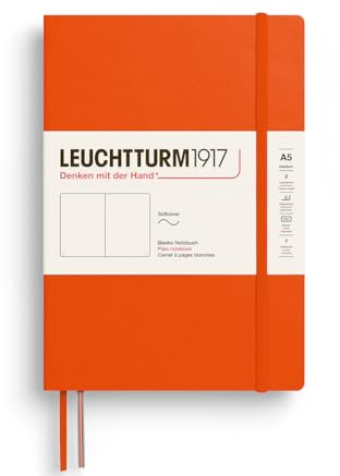 LEUCHTTURM1917 Notizbuch A5, Softcover, blanko, Pumpkin, Fadenheftung | 123 nummerierte Seiten, Inhaltsverzeichnis, Lesezeichen, Falttasche, Verschlussgummi, 80 g/m2, säurefrei