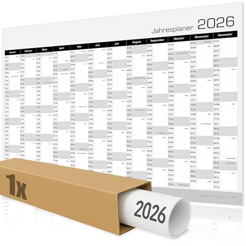 Jahresplaner, Wandkalender 2026 groß (84 x 59 cm) GEROLLT in Poster Größe. Querformat, GEROLLT - Kalender 2026 Wandkalender