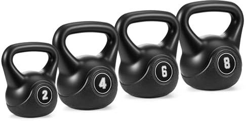 M.J COMFY-LIFE 4pcs Kettlebell Set 2kg 4kg 6kg 8kg – Home Gym Fitness Kettle Bells with Concrete Core, HDPE Coating, Flat Base, Ergonomic Grip, Versatile Strength Training Weights