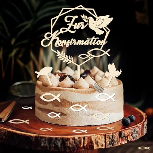 Tortendeko Konfirmation, mit Tortenaufleger Konfirmation Holz & 36 Stück Holz Fische Streudeko Tischdeko & Fisch Taube Kuchen Deko, Erstkommunion Deko Junge Mädchen Gastgeschenke, Kommunionsgeschenke