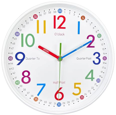 Fegtrtyoa Horloge d'apprentissage pour Enfants, Facile à Lire, Silencieuse, Fonctionnant sur Piles, pour la Chambre d'enfants, la Salle de Classe, L'Aire de Jeux Scolaire.