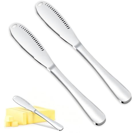 Alwodici 2Pcs Butter Knife Spreader 3 In 1 Stainless Steel Butter Knife With Holes 22cm Cheese Cutter & Curler Silver Kitchen Gadgets For Spread With Jam Butter Cheese Easy Cut Butter Bread