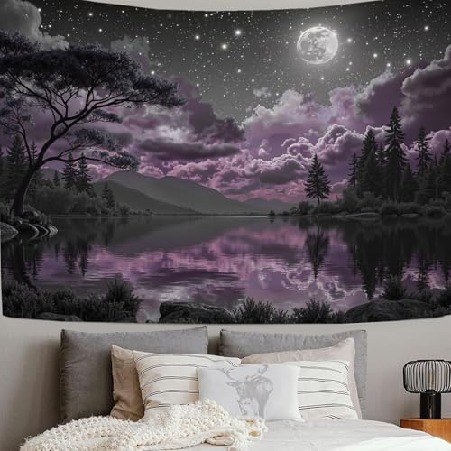SMBHIAON Bäume Und Seeblick Wandbehang Mond Sternenhimmel Wolken Wandteppich Für Schlafzimmer Wohnzimmer Dorm Decor Wandkunst 100L X 75B Cm