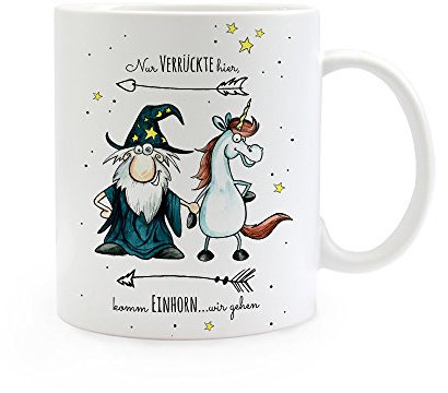 ilka parey wandtattoo-welt® Tasse Becher Zauberer mit Einhorn und Spruch Nur Verrückte hier, komm Einhorn... wir gehen ts306