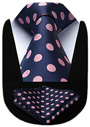 HISDERN Cravate Homme à Pois Ensemble Cravate et Mouchoir Extra Longue pour Mariage Fête Cravates avec Pochette Set (Rose et Bleu Marine)