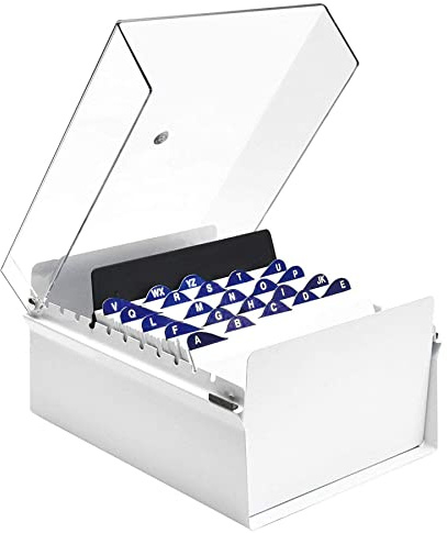 Acrimet 5'' X 8'' Card File Holder Organizer Box Metal Base Heavy Duty (AZ Index Cards 205mm width x 138mm height and Divider Included) (White Color with Clear Crystal Plastic Lid Cover)