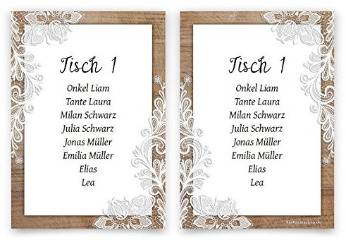8 x Hochzeit Tisch Sitzplan Sitzordnung individuell - Rustikal mit weißer Spitze
