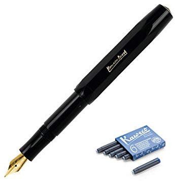 Kaweco Classic Sport Medium Nib Fountain Pen +Pack of 6 Blue Ink Cartridges Set (Black)