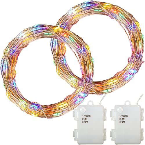 VOLTRONIC LED Lichterdraht, innen und außen, IP44, Batteriebetrieben, Größen- und Farbwahl, 2x 100 LEDs, bunt