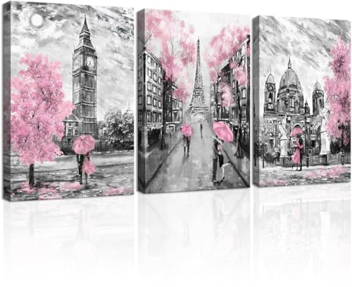 CANVASZON Canvas Canvas Art Wandbild Weltall Planet Galaxie Wandbild für Schlafzimmer Drucke auf Leinwand für Jungen Zimmer Büro Wanddekoration 12x16inchx3pcs (30x40cmx3pcs) Pink Paris-3 Panels