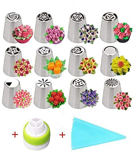 FOKULUNDA Set di Punte per tubazioni Russe Set di Forniture per Cupcake da 14 Pezzi Kit di ugelli per glassa Fiori e Sacchetti per glassare a Forma di Fiori Forniture per la Cottura (14pcs)