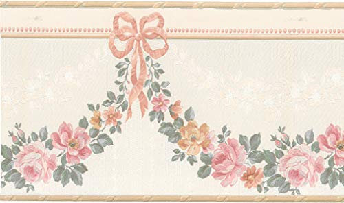 Dundee Deco BD6019 Tapeten Bordüre, vorgeklebt, Blumenmuster, beige, rosa, grüne Blumen in Girlande, Wandbordüre, Tapetenbordüre Retro-Design, 4,57 m x 13,34 cm