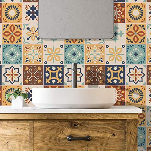 WALPLUS 24 Pcs 15cm(6) Tile Stickers Peel and Stick Backsplash Self-Adhesive Removeable Stick on Wall Vinyl Home Decoration DIY for Living Kitchen Bedroom Splashbacks - Jama Brown and Blue Moroccan