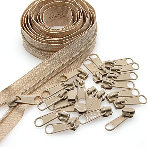 #5 Cerniere a spirale in nylon beige a misura 9,1 m con 25 pezzi di cursori per lavori di cucito su misura fai da te, borse, bagagli, vestiti, cuscini per divani, cuscini Leekayer
