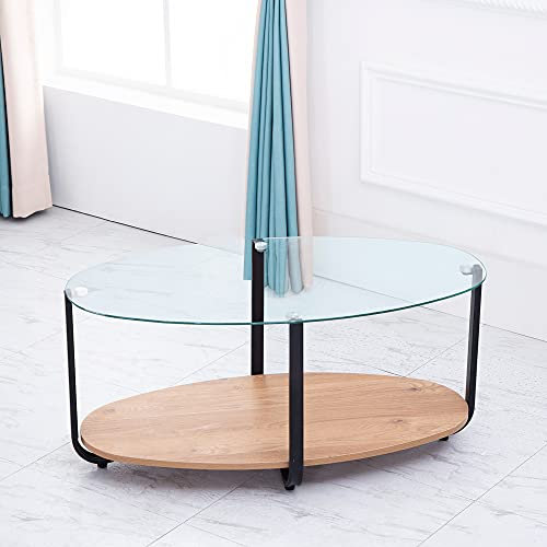 PUCHIKA Beistelltisch für Wohnzimmer, Couchtisch, Modernes Design, Oval, Glas, Holz und Metall, braun und schwarz, 95x50x43.5cm