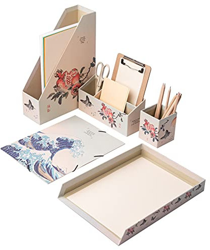Kokonote Grupo Erik - Organisateur de Bureau Japanese Art - Rangement de Bureau Multifonctionnel en Carton, Inclut : Pot à Crayon, Chemise à Rabats, Porte-revue, Corbeille à Courrier, Range-lettres