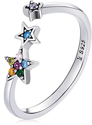 Qings Verstellbarer Stern Ring für Damen, 925 Sterling Silber Offener Ringe mit Buntem Zirkonia Glücks Stern Stapelbare Ringe Geburtstags Geschenk für Frauen Mädchen