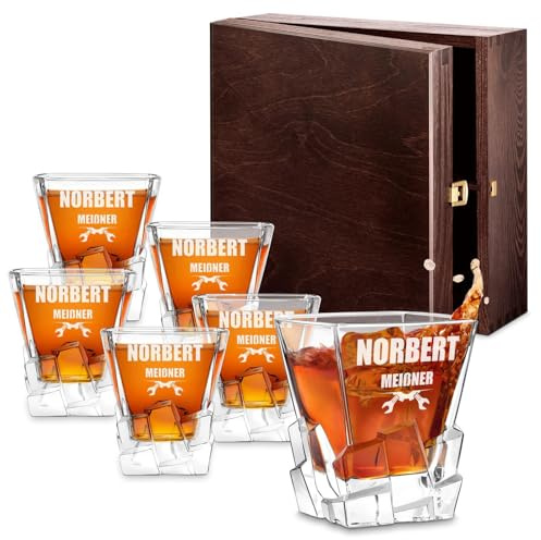 Maverton 6er Whiskygläser Set mit Gravur, 250ml personalisiert | Edles Kristallglas, zum Geburtstag, für Männer, Whiskey Gläser Set mit luxuriösem Design, Werkzeug