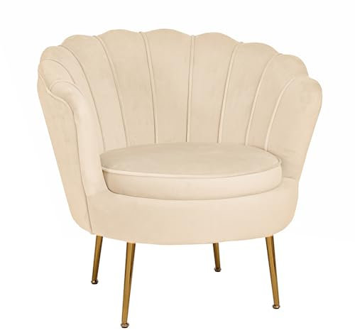LIBEROSHOPPING.eu - LA TUA CASA IN UN CLIK Fauteuil en Tissu Velours avec Pieds en métal de Couleur Or, Dossier en Forme de Coquille au Design Moderne Fiore (Beige)