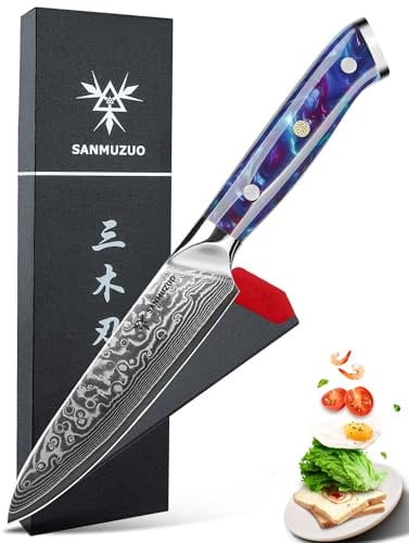 SANMUZUO Allzweckmesser Damastmesser 13 cm Klingenlänge - Japanisches Kochmesser - VG 10 Damaskus Stahl Küchenmesser mit Harzgriff - Xuan Serie(Saphirblau)