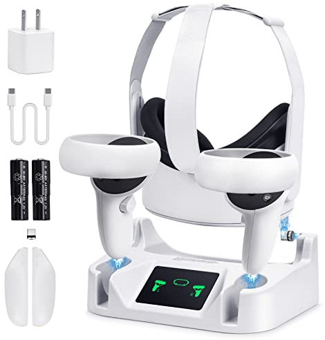 alcopanda Base de carga para Meta Quest 2, estación de carga VR para controlador táctil Oculus Quest 2 y auriculares VR con 2 baterías recargables y cargador USB-C, compatible con correa Elite (no