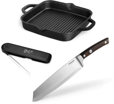 BURNHARD Steak Lover Set | Gusseiserne Grillpfanne 26 cm | inkl. Kochmesser und Einstichthermometer