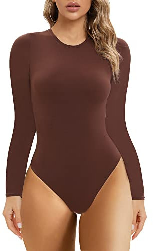 SHAPERX Body Donna Maniche Lunghe Elasticizzato Bodysuit Elegante Maglia Scollo Rotondo Top, UK-SZ5242-Cocoa-S
