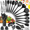 TAVADA Utensilios Cocina de Silicona Antiadherente, 49 Piezas, Resistente al Calor, sin BPA, 5 Cucharas Medidoras y 20 Ganchos (Negro)