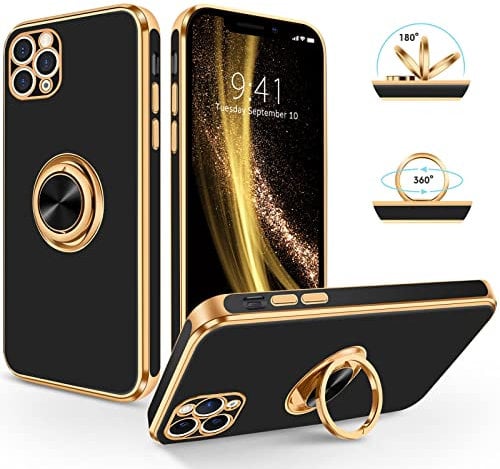 SouliGo for iPhone 11 Pro Max Case 360° Ring Holder Kickstand Magnetic Car Mount Slim Luxury Bling Plating Soft TPU Anti-Scratch Protective Bumper Phone Case for iPhone 11 Pro Max 6.5, Black