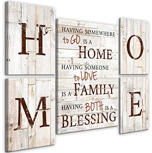 decomonkey Home Spruch 110x80 cm 5 Teilig Set Leinwandbilder Bild auf Leinwand Vlies Wandbild Kunstdruck Wanddeko Wand Wohnzimmer Wanddekoration Holz Abstrakt Vintage Haus Landhausstil Holzoptik