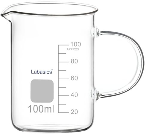 Labasics Glasbecher, G3.3 Borosilikat Laborglas Messbecher Transparenter Messbecher Becher mit Griff und Ausguss, 100 ml