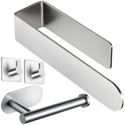 ZUNTO Porta Asciugamani Bagno - Porta Carta Igienica+Ganci Adesivi Set Di 4 Pezzi, Accessori Da Bagno Autoadesivi Per Cucine Da Bagno E Armadi Da Cucina, Acciaio Inox