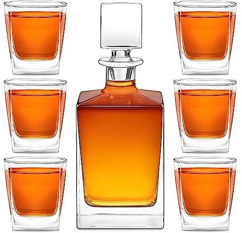 Maverton completo Decanter con 6 bicchieri da whiskey - Bottiglia con tappo per whisky - Caraffa in vetro da 810 ml - per compleanno o anniversario - pensiero per lei lui loro