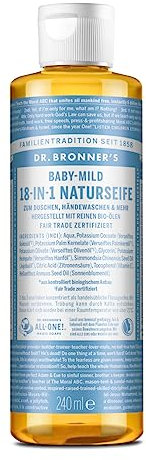 Dr. Bronners 18-IN-1 Naturseife | Organic Flüssigseife | Baby Mild ohne Duft | Duschgel, Handseife, Shampoo und vieles mehr | Mit Bio Ölen | Fair Trade | 240 ml