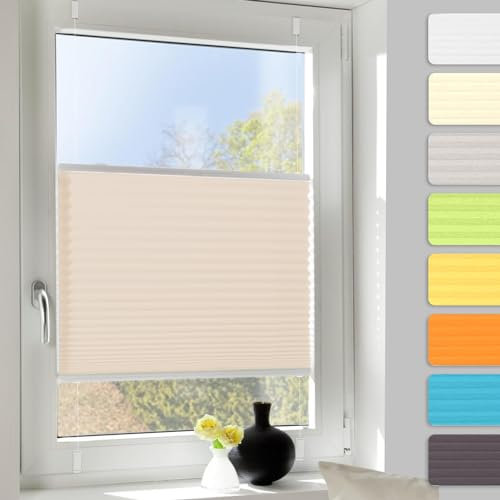 Plissee ohne Bohren Plissees Klemmfix Beige 35x130cm (Breite x Höhe), ZEHN Minuten-Schnelle/Einfache Montage, Klemmfix Klebehalterung, Bequeme Rollo Montage inkl. Video