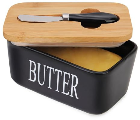 Beurrier avec couvercle, Chasechic, Beurrier et couteau en céramique avec couvercle, 500ML, récipient à beurre en céramique hermétique, noir
