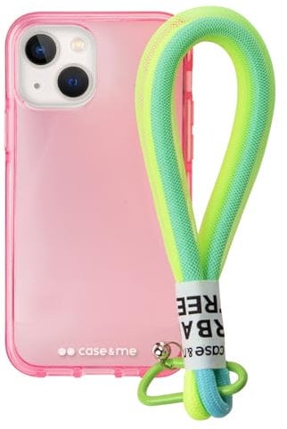 case&me Coque avec Cordon Urban pour iPhone 14, Cordon Multi-usages Amovible, Coque Transparente colorée, Coque Fashion, Rose