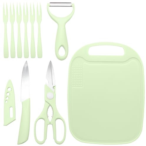 ZSMJAER 5 Pezzi Set da cucina per la casa,tagliere in plastica robusta,forbici in acciaio inossidabile,coltello da cucina con coperchio e pelapatate per frutta e verdura (Verde)